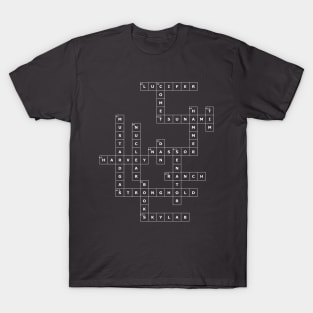 (1977LH-D) Crossword pattern with words from a famous 1977 science fiction book. [Dark Background] T-Shirt